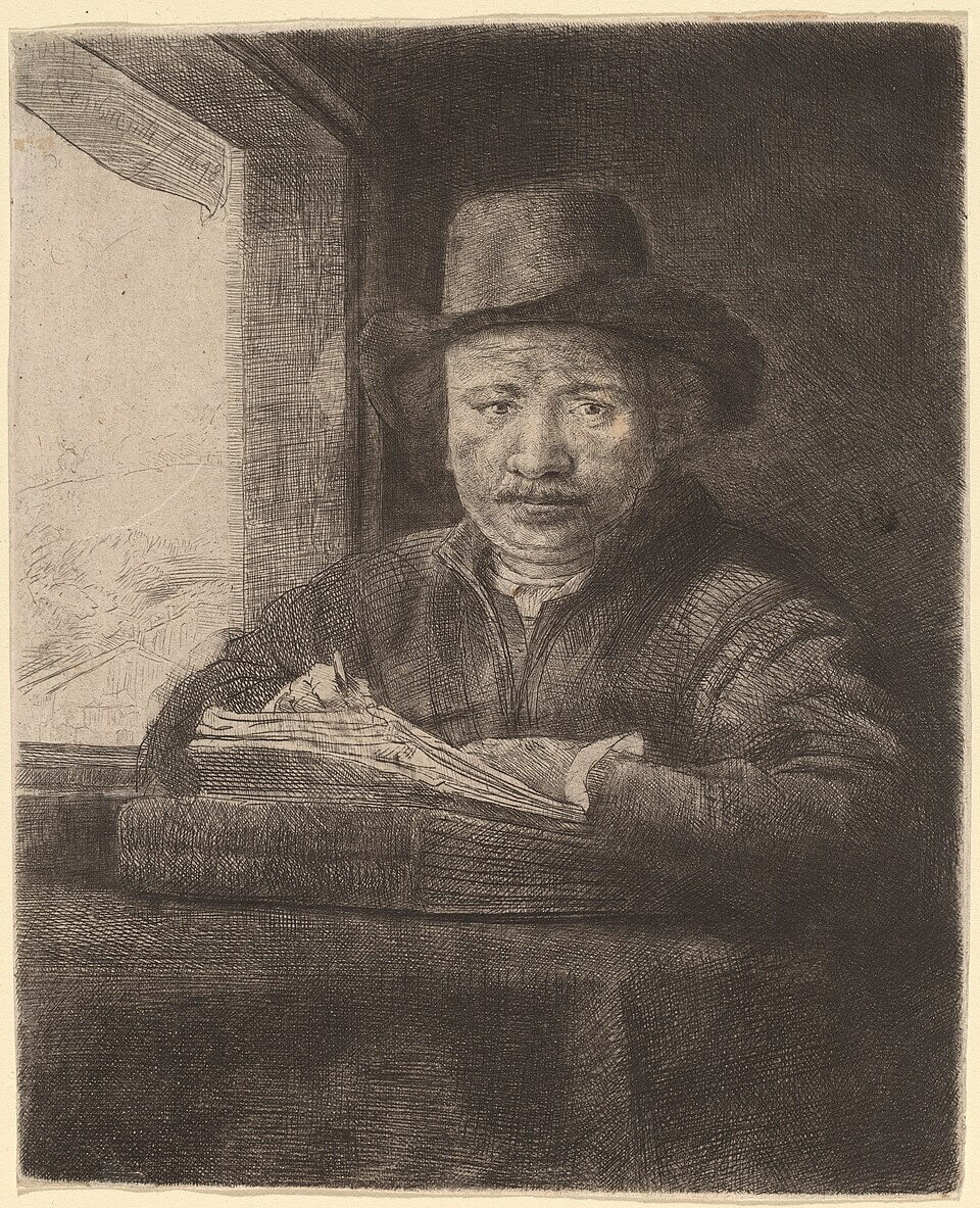렘브란트 판 레인, 창가에서 그림 그리는 자화상(Self-Portrait Drawing at a Window), 1648, 에칭·드라이포인트, 암스테르담 국립미술관(Rijksmuseum) 소장